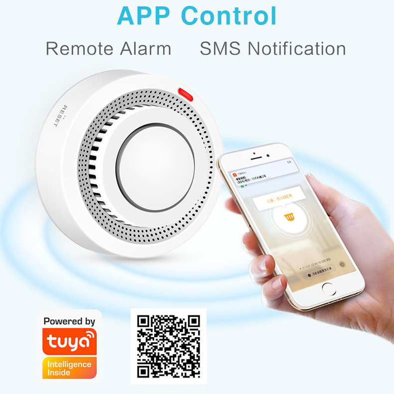 Wireless Tuya Wifi Fire Smoke Alarm Detector 80db Battery Operated Photoelectric Smoke Detector