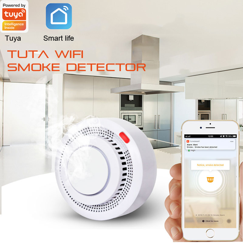 Wireless Tuya Wifi Fire Smoke Alarm Detector 80db Battery Operated Photoelectric Smoke Detector