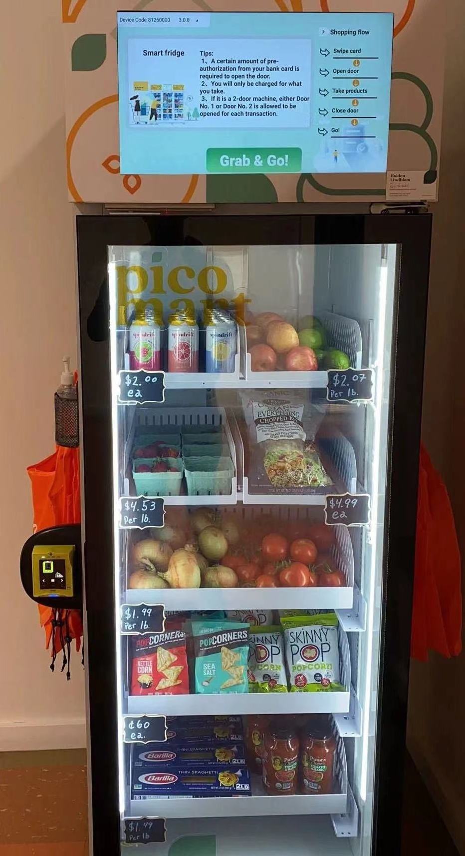 Smart fridge grab and go high tech vending machine for fruits fresh products vegetable drinks wifi /sim card Weight sensing