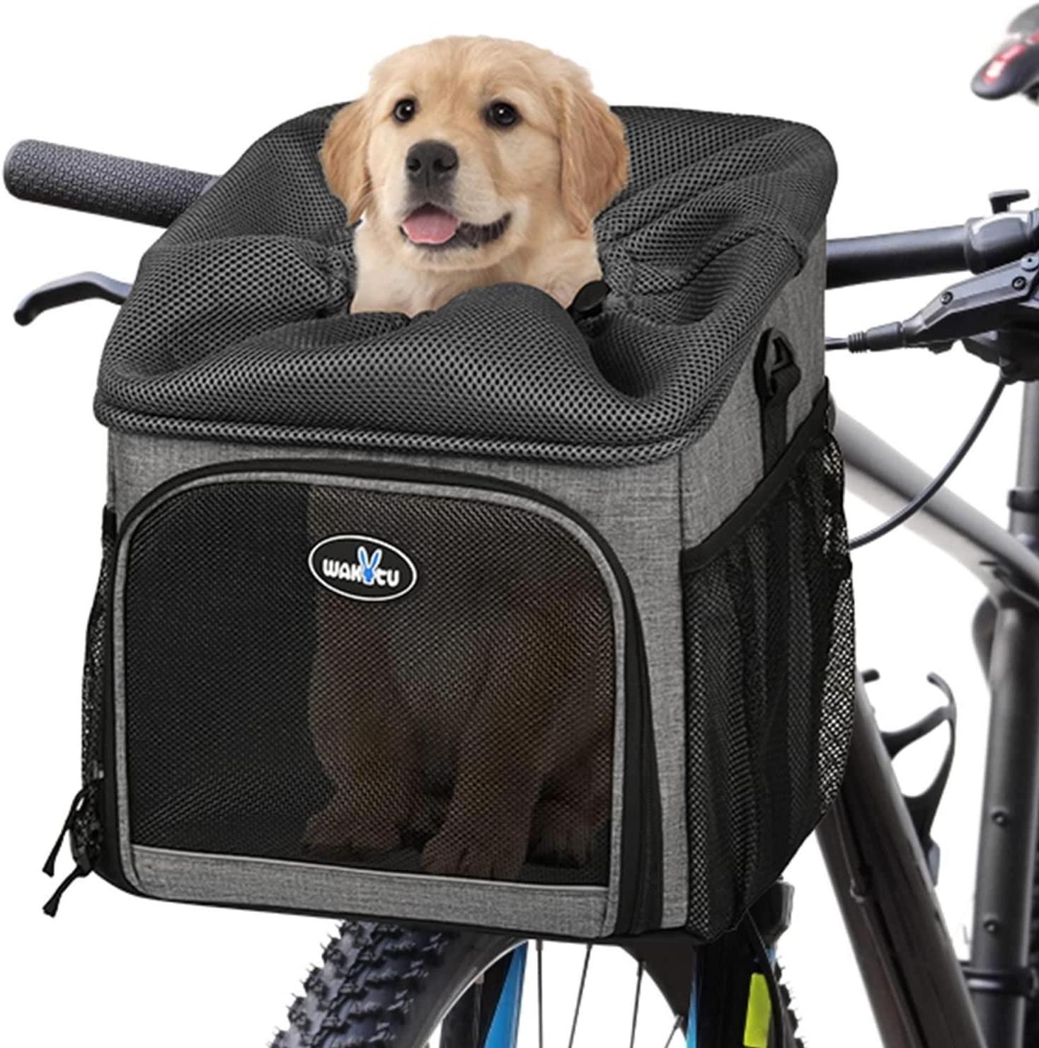 Dog Bike Basket Carrier, Pet Bicycle Front Carrier Backpack for Bike Riding Foldable Removable, 2 Side Storage Pockets