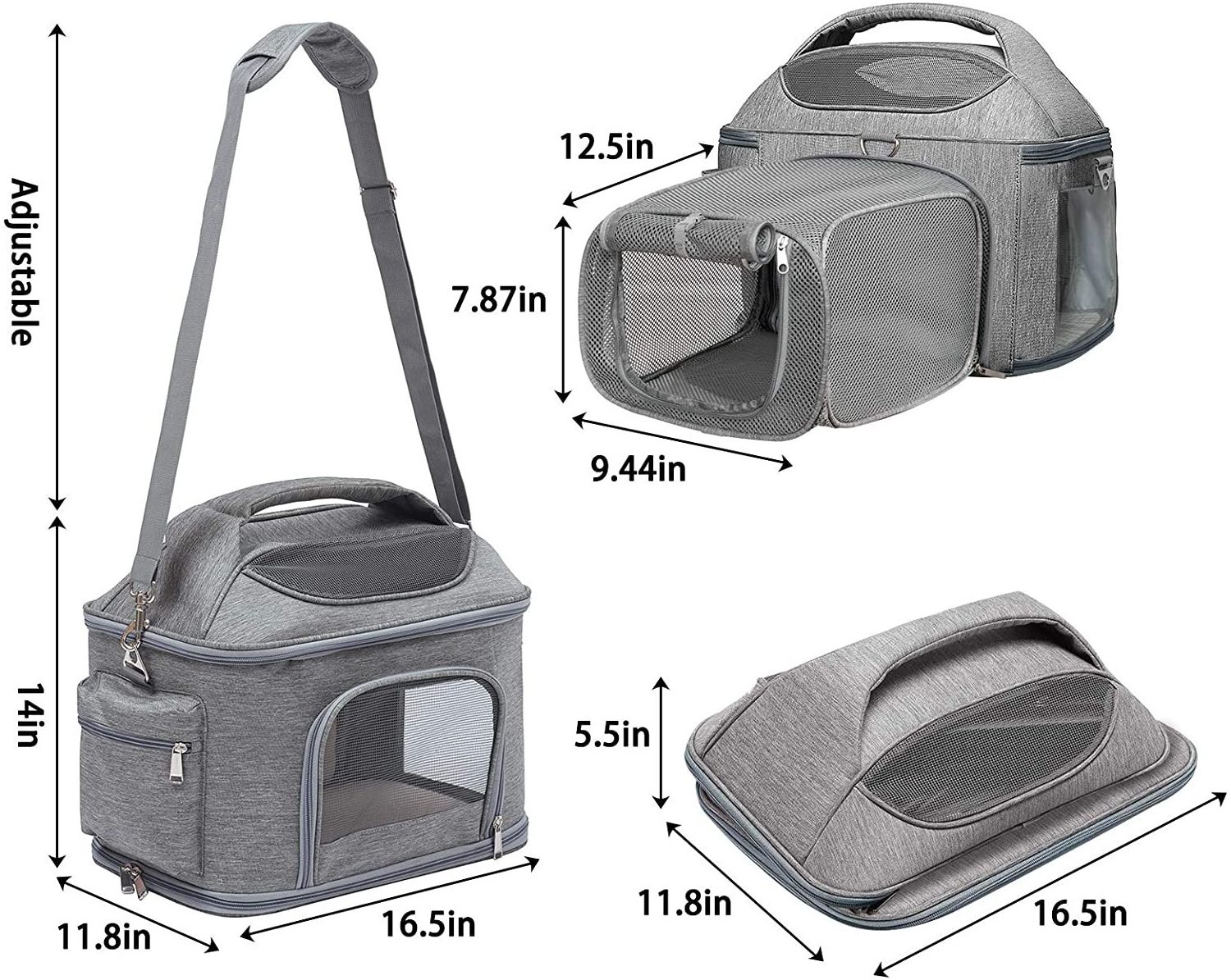 Airline Approved 3 Open Doors Pet Carrier Travel Bag Expandable Foldable Soft-Sided 2 Reflective Tapes Dog Carrier