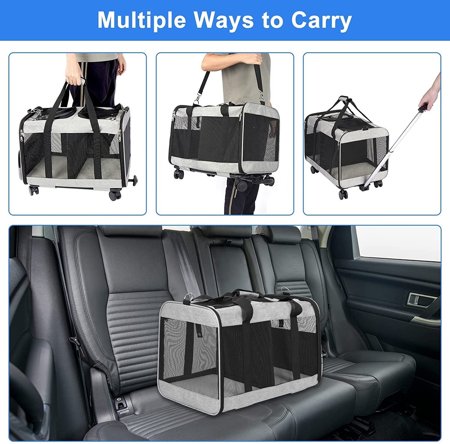 Double Compartment Pet Carrier With Detachable Wheels Rolling Carrier For 2 Small Cats Super Ventilated Design