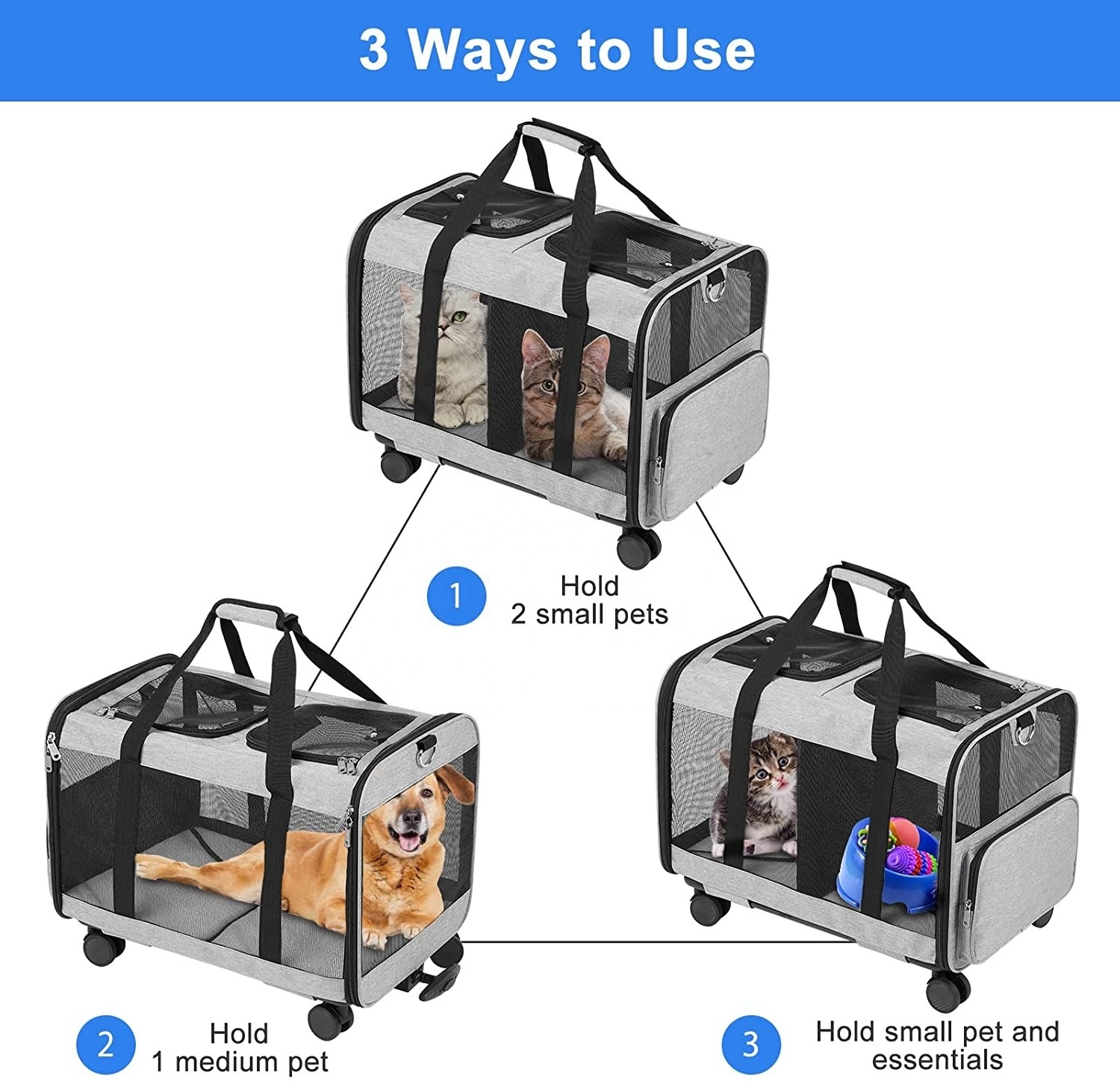 Double Compartment Pet Carrier With Detachable Wheels Rolling Carrier For 2 Small Cats Super Ventilated Design