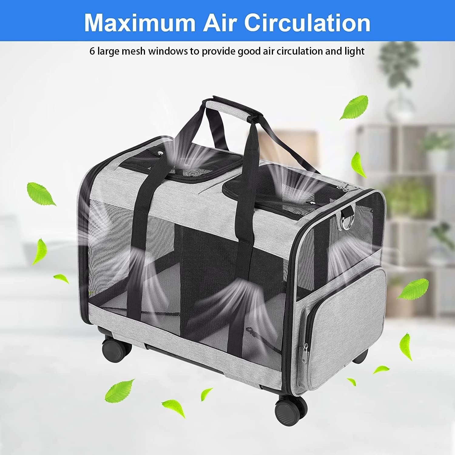 Double Compartment Pet Carrier With Detachable Wheels Rolling Carrier For 2 Small Cats Super Ventilated Design