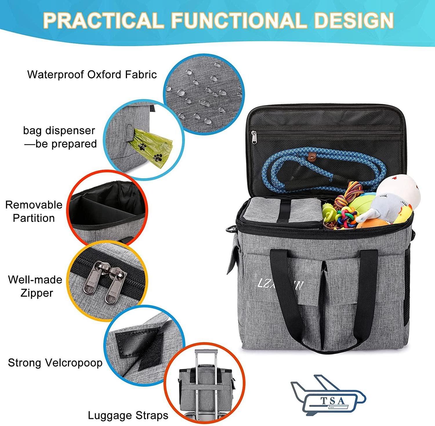 Dog Travel Bag, Airline Approved Pet Travel Diaper Bag with Multi-Function Pockets, Organizer,  Camping Gear