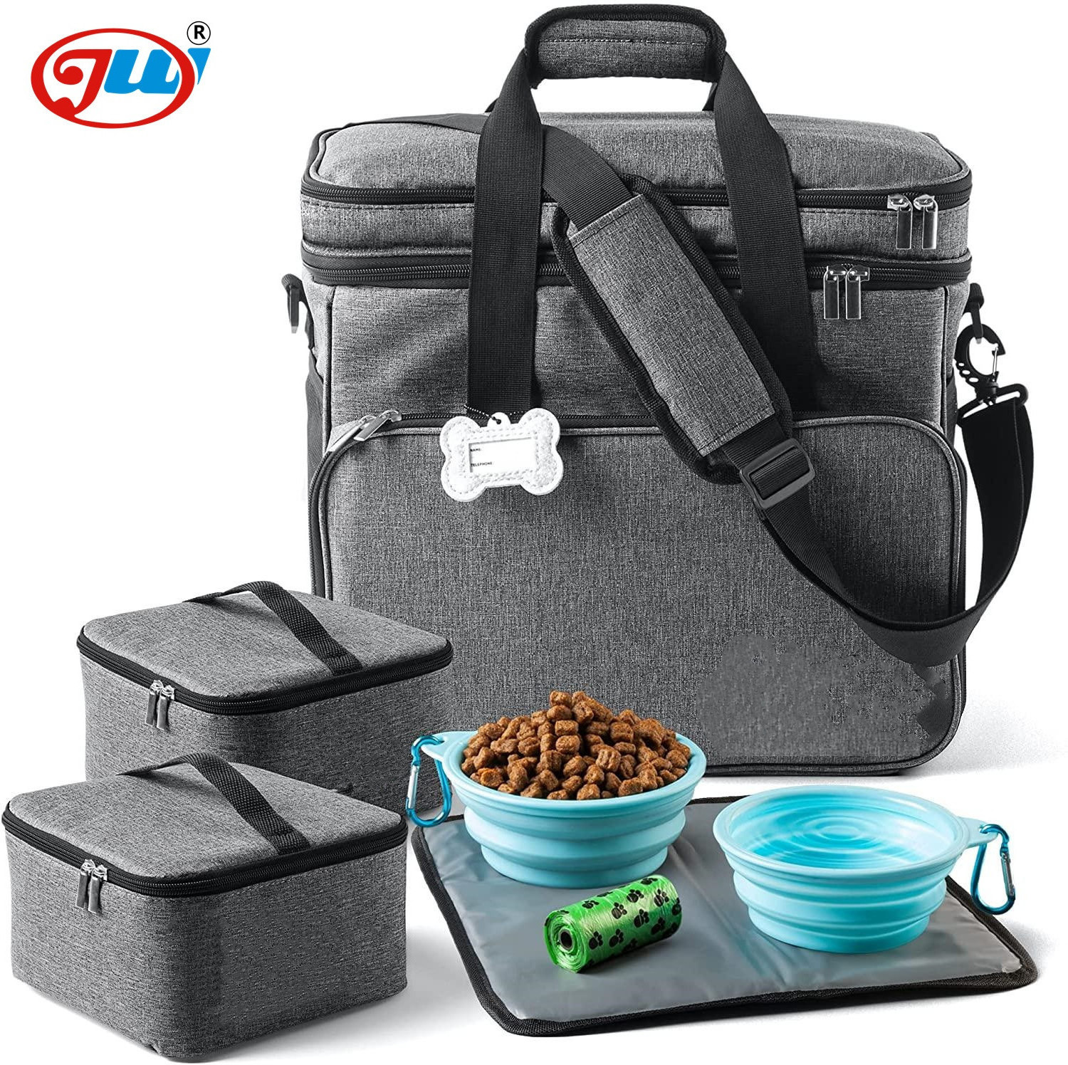 Dog Travel Bag - Dog Travel Kit with 2 Food Containers, Multi-Use Pockets for Pet Accessories - Ideal Dog Gear Weekender