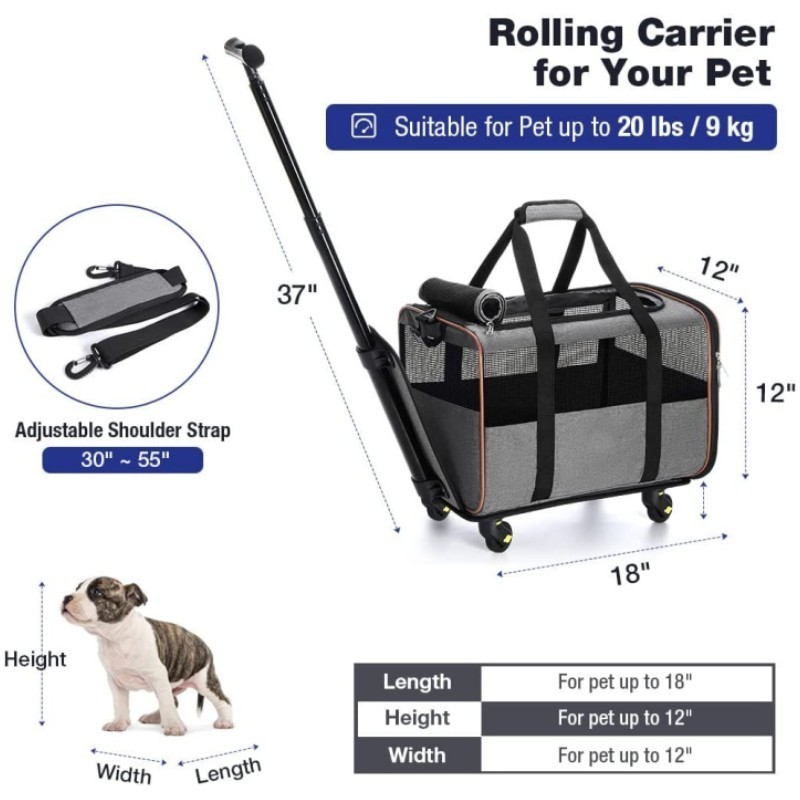 Airline Approved Pet Cat Dog Carrier With Wheels Rolling Pet Carrier With Telescopic Handle And Shoulder Strap