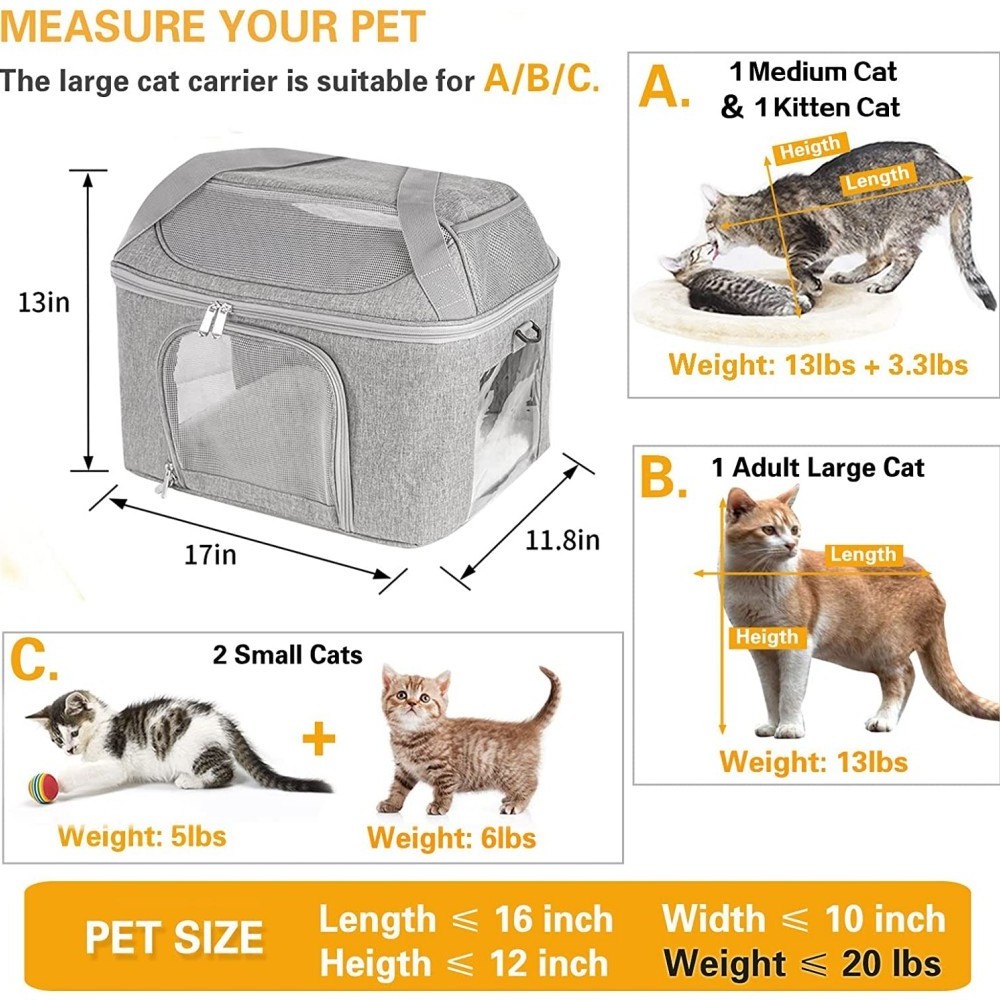 Cat Soft Side Pet Carrier for Collapsible Travel Dog Carrier, TSA Airline Approved Carrier for Large Cats 20 lbs