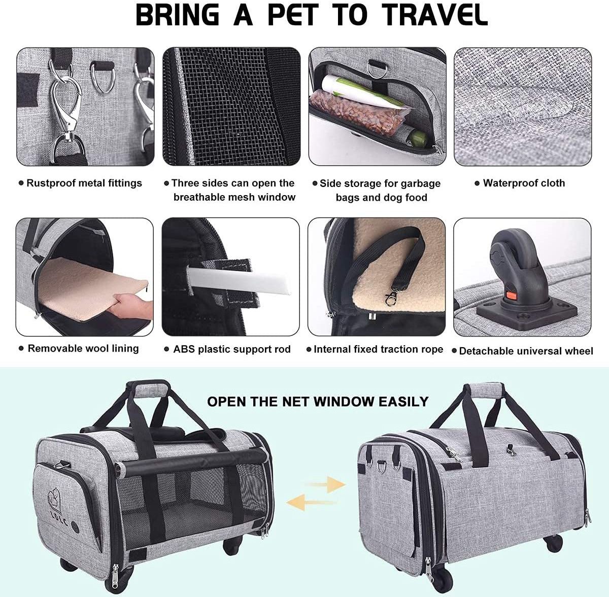 JW PET rolling travel airline approved dog carrier,pet carrier with wheels,rolling pet carrier  expandable removable wheels