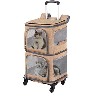 Double Pet Carrier Backpack With Wheels Rolling Cat Travel Carrier  For Small Cats and Dogs