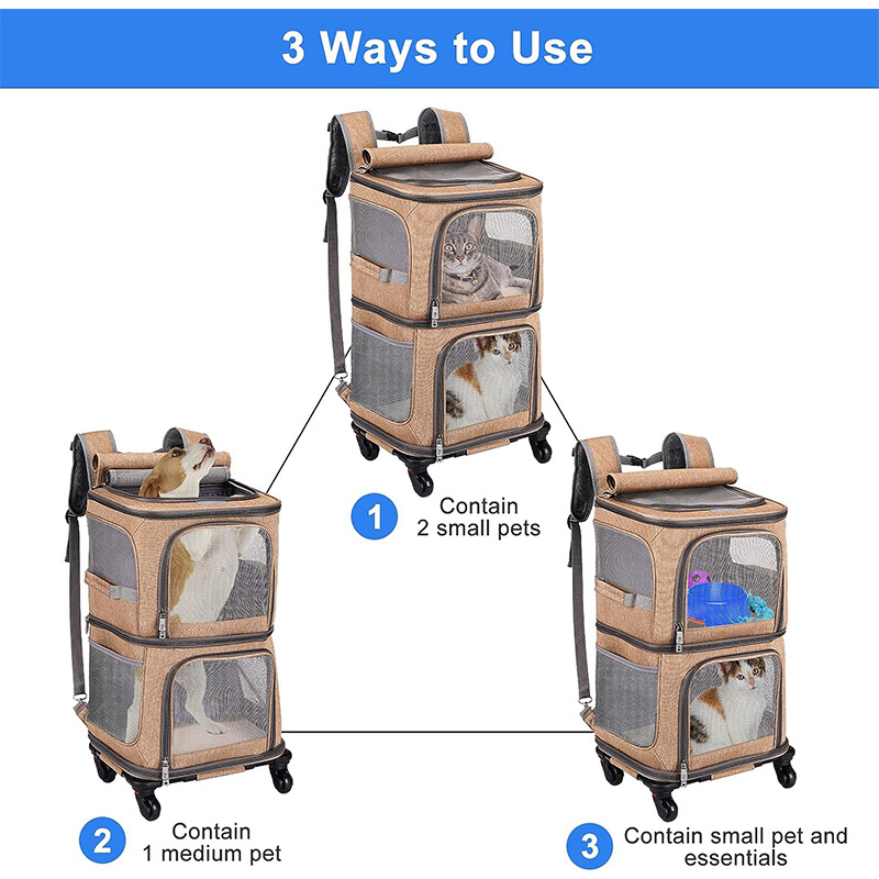 Double Pet Carrier Backpack With Wheels Rolling Cat Travel Carrier  For Small Cats and Dogs