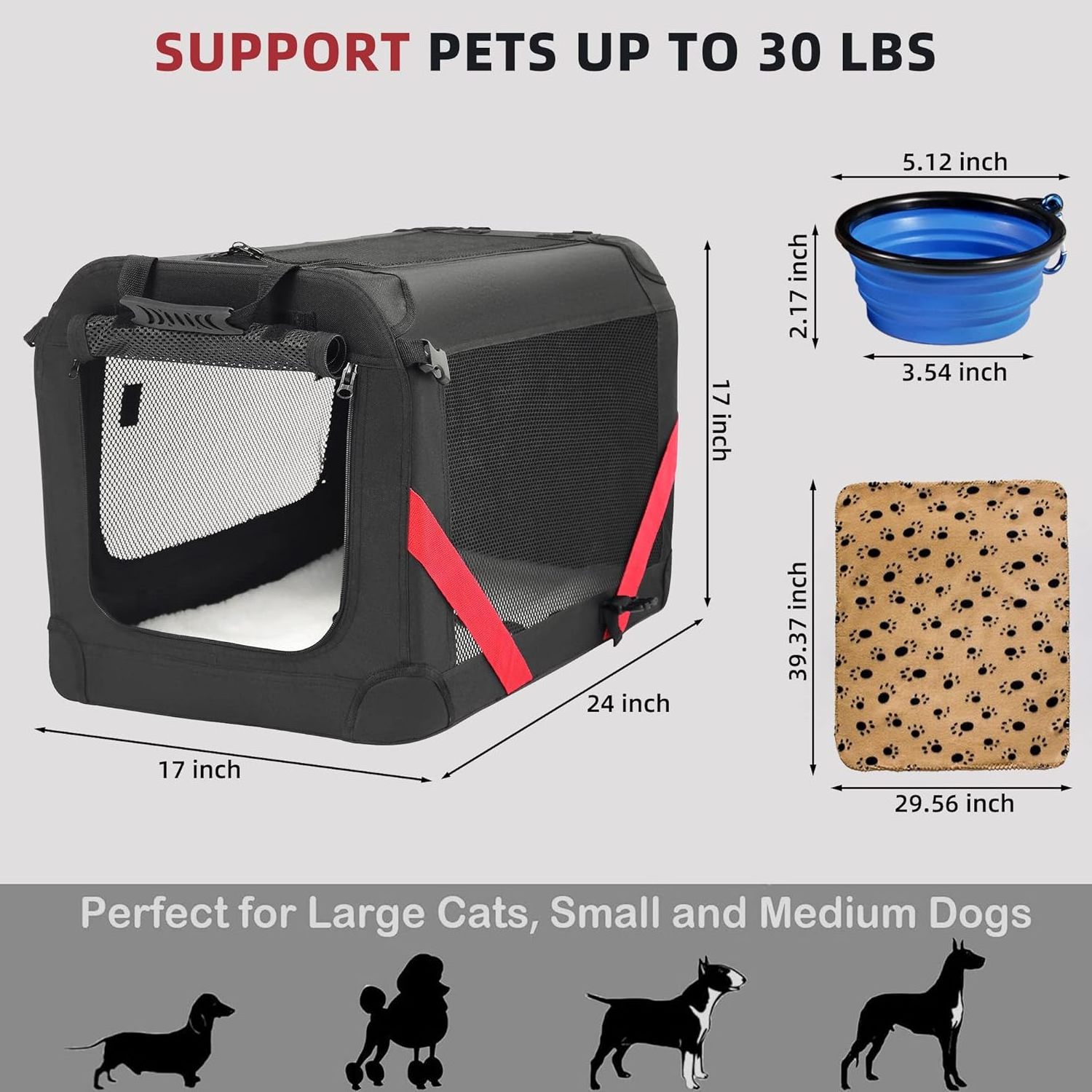 Large Cat Carrier Soft Dog Crate Collapsible Travel Pet Carrier Bag With Warm Blanket Foldable Bowl