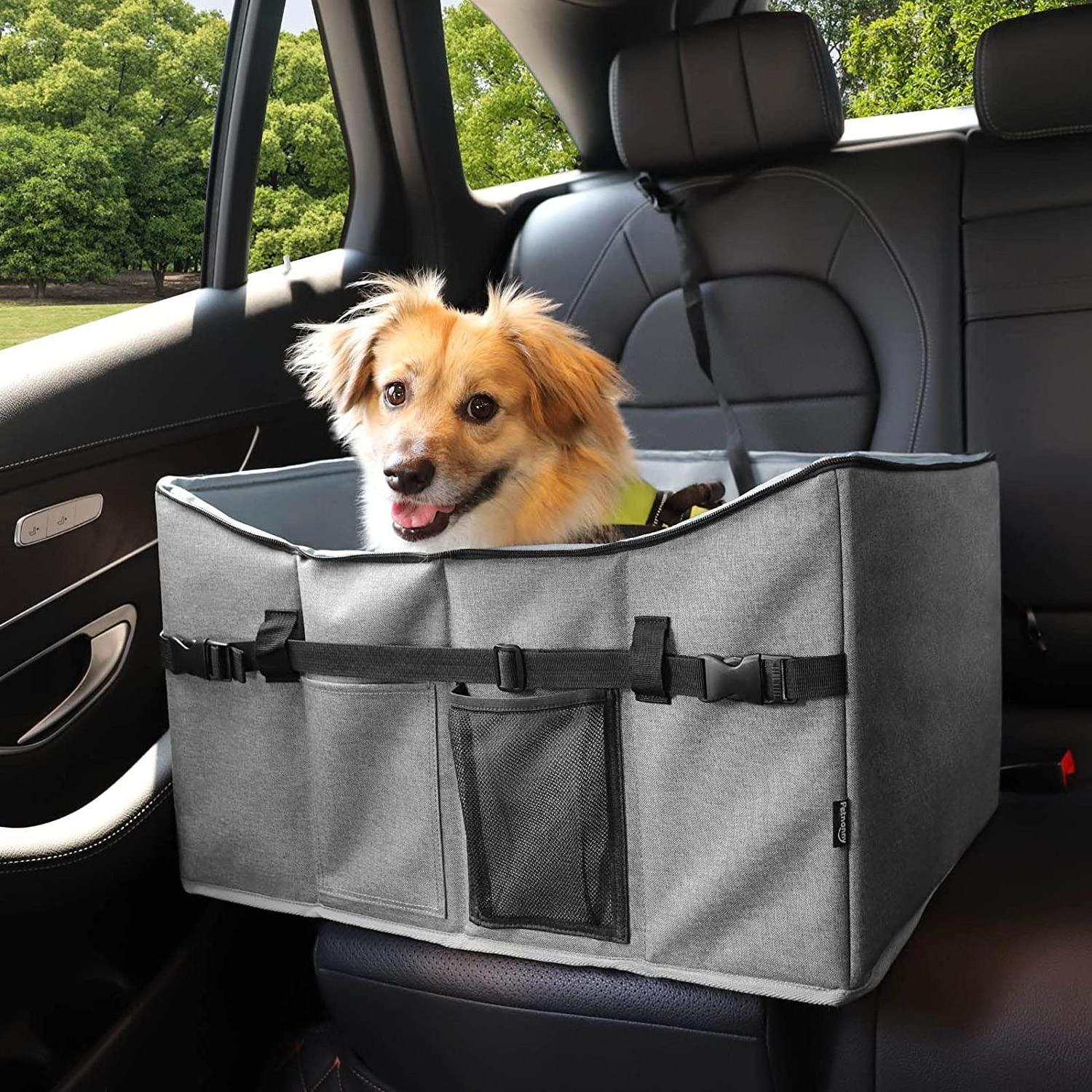 Dog Car Seat, Dogs Car Booster Seat for Pets Travel Cage Elevated Dog Bed with Storage Pockets Leash for Supports Pet Under 48lb