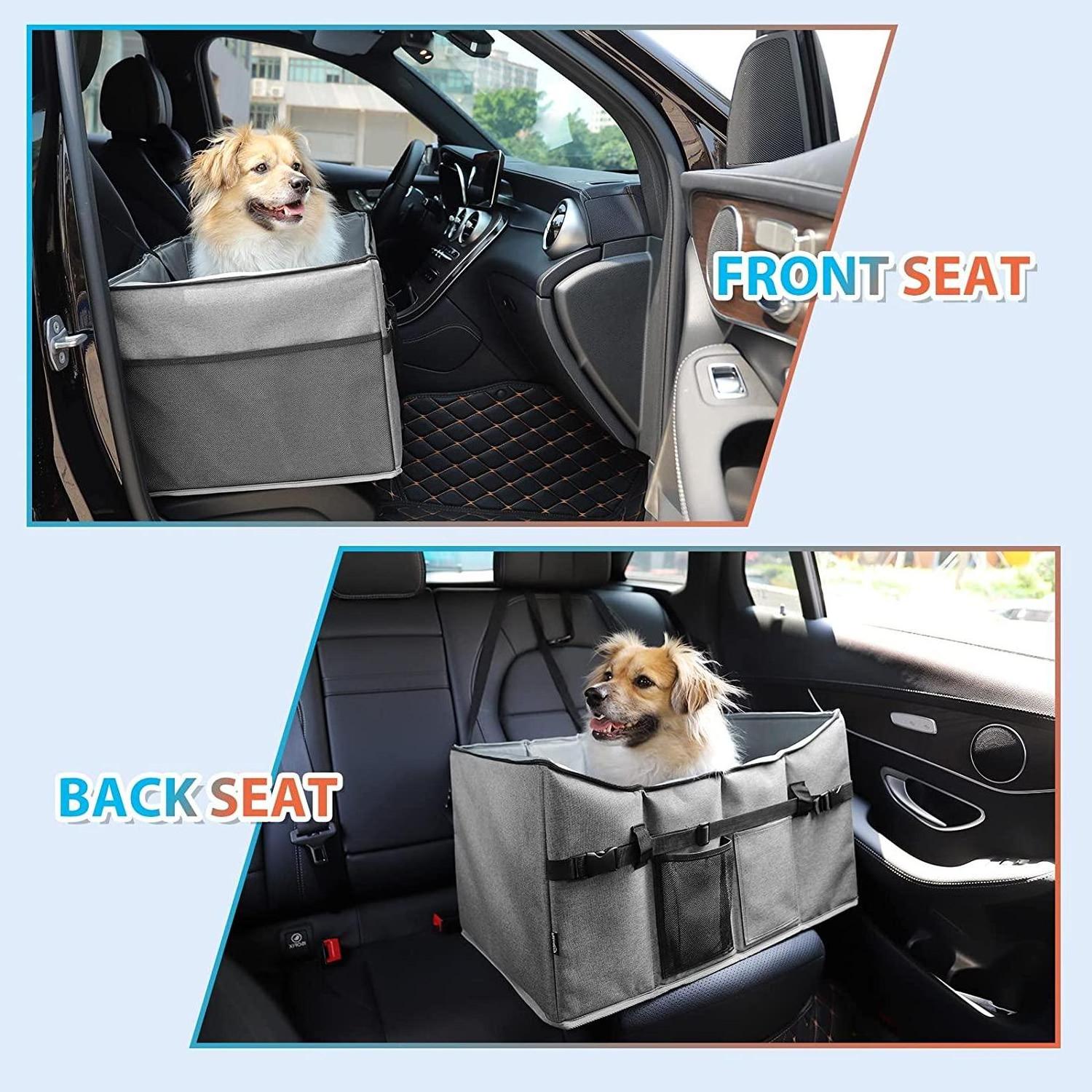 Dog Car Seat, Dogs Car Booster Seat for Pets Travel Cage Elevated Dog Bed with Storage Pockets Leash for Supports Pet Under 48lb