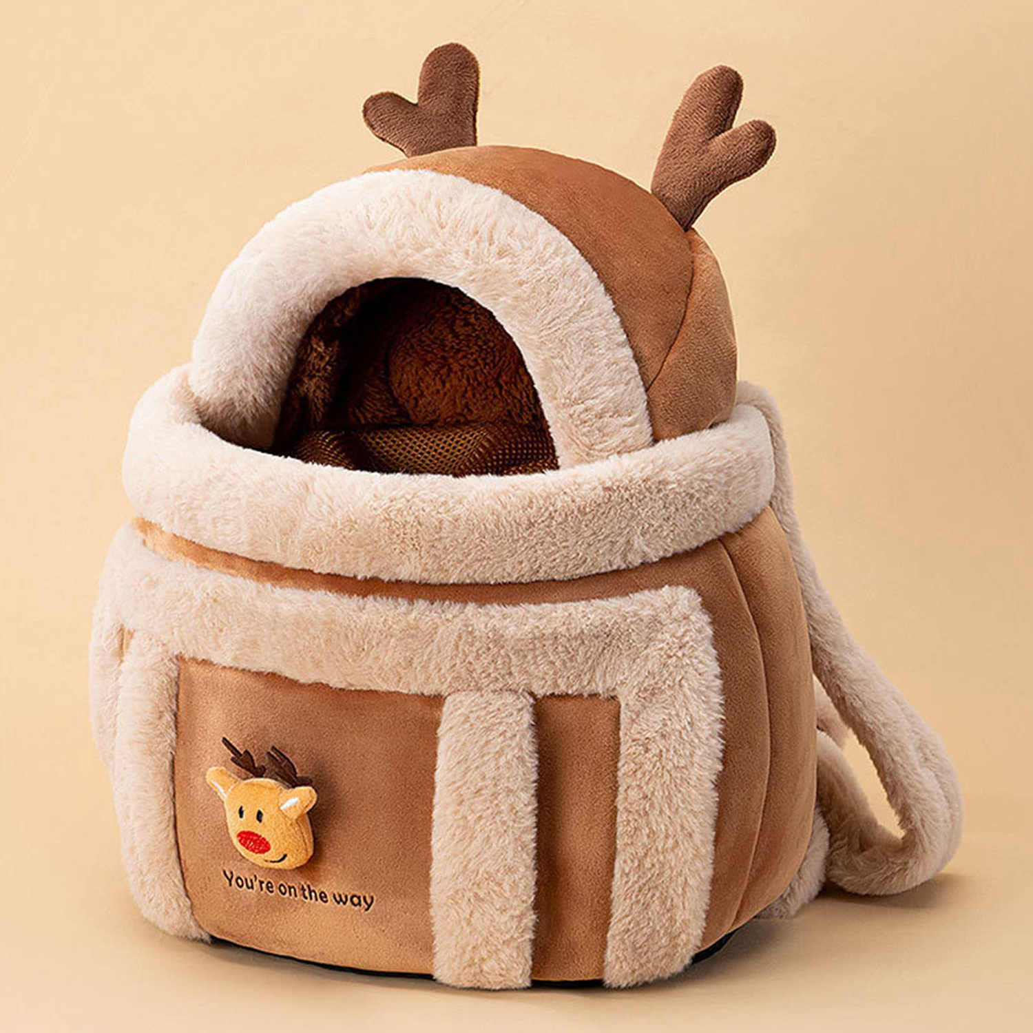 Dog Cat Backpack Dog Travel Bag Pet Winter Outdoor Carriers Plush Reindeer Pouch Bag Dog Sling Carrier