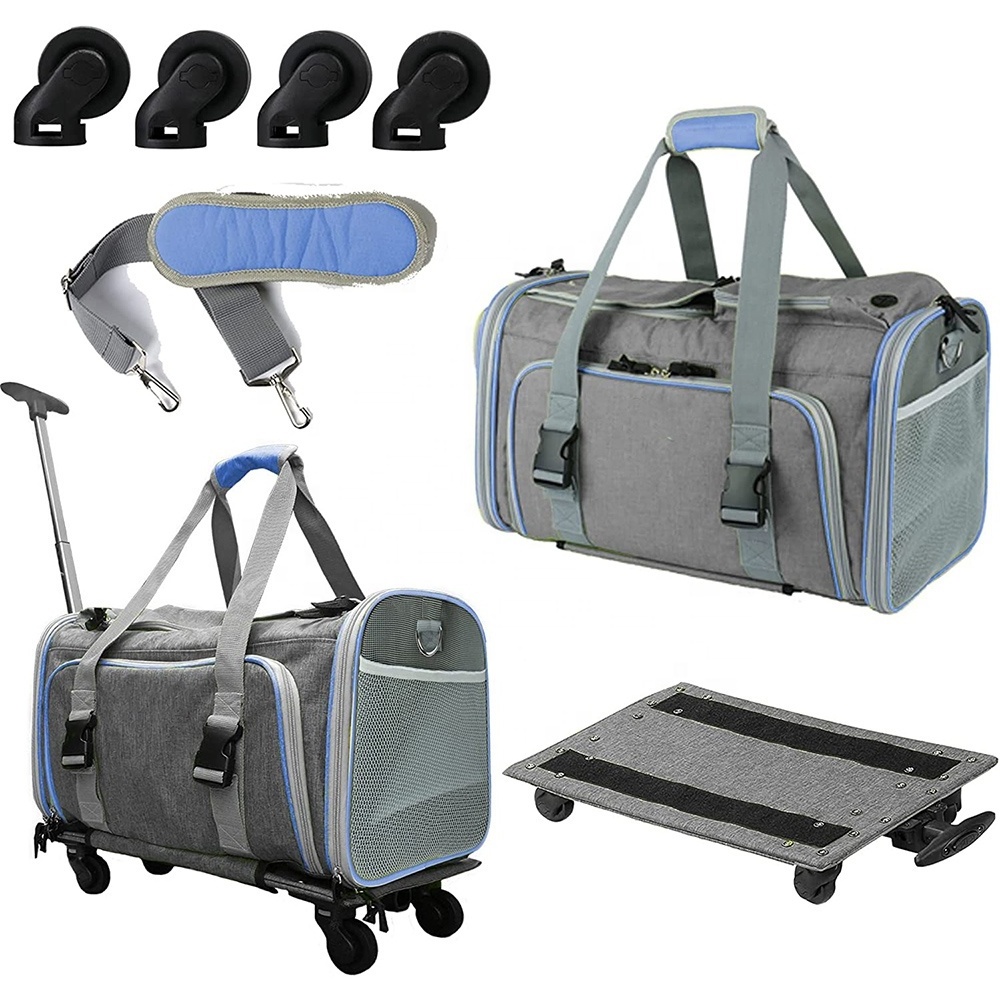 Pet Dog Rolling Carrier Airline Approved Pet Carrier Trolley Bag 2 Sides Expandable With Removeable Wheels