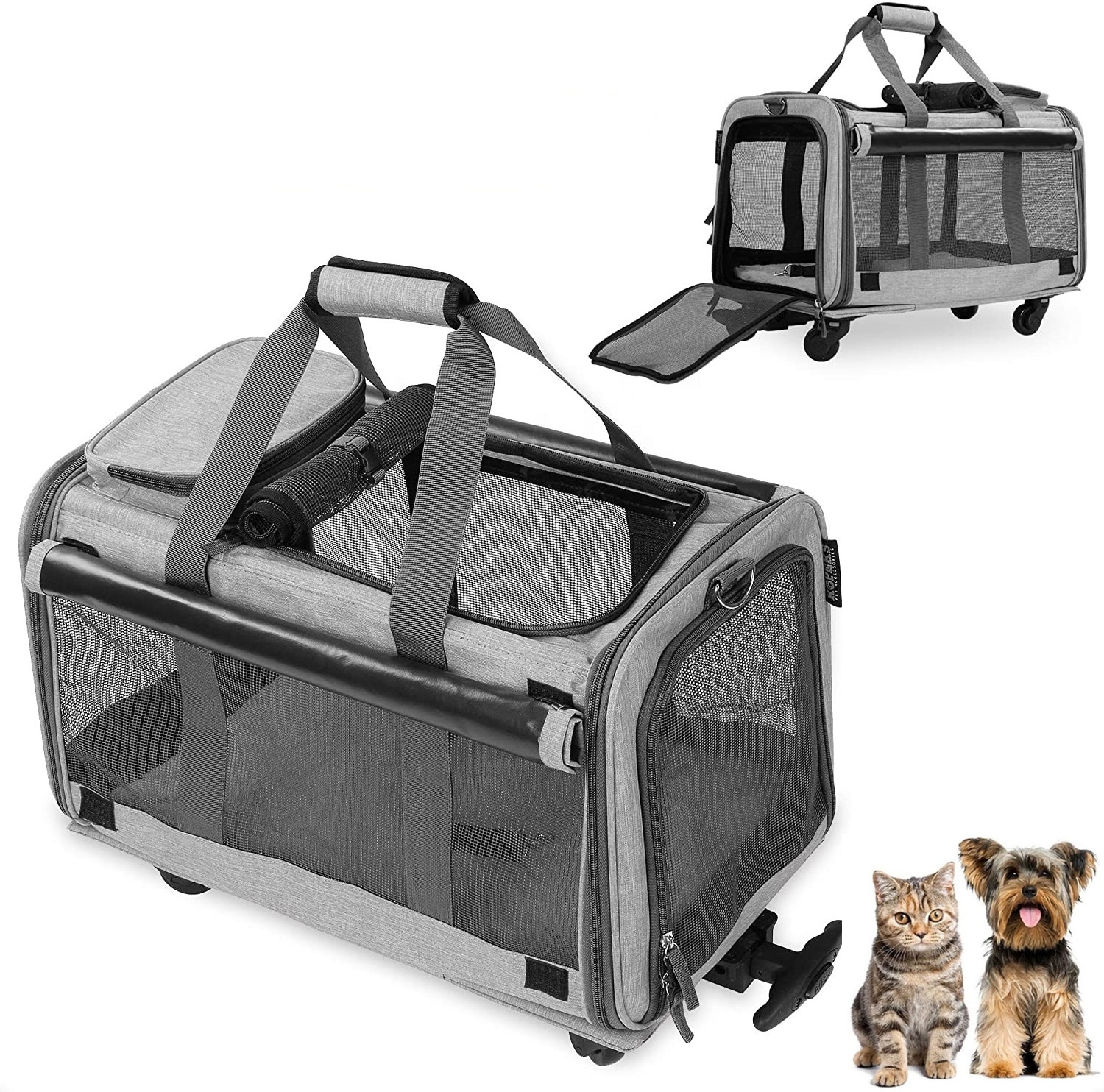 Soft Sided Pet Carrier Airline Approved Cat Carrier Dog Trolley Bag With Removable Wheels Foldable