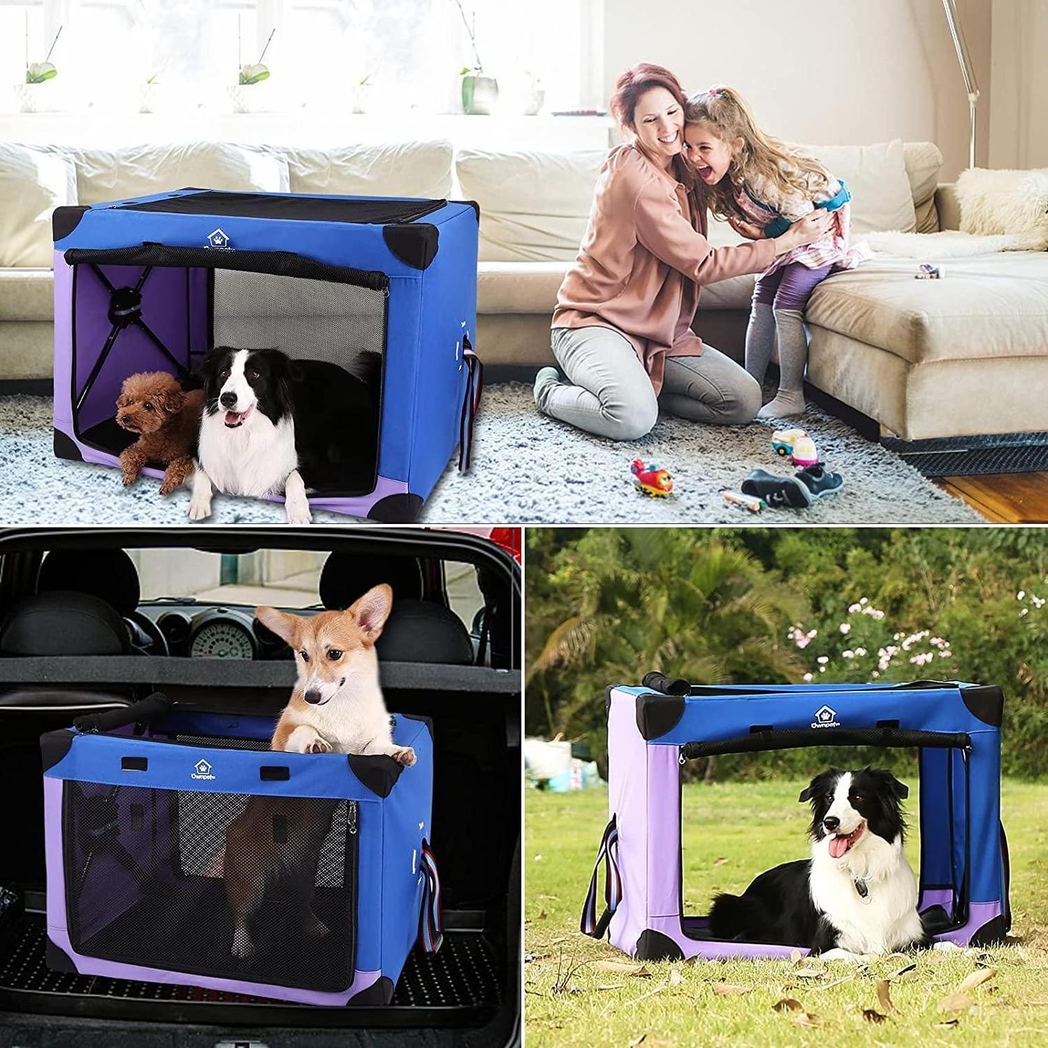 Ownpets Portable Dog Crate Collapsible Travel Dog Soft Crate 3-Door Dog Kennel for Indoor and Outdoor(Blue and Purple)