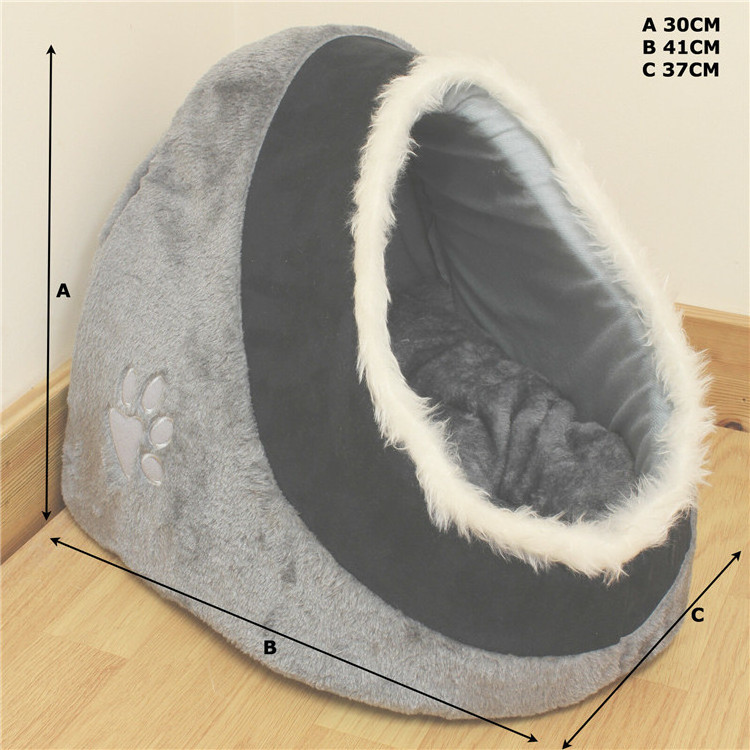 Grey Black Warm Fleece Igloo Pet Dog Bed  with Fur Trim Dog Puppy Cat Kitten