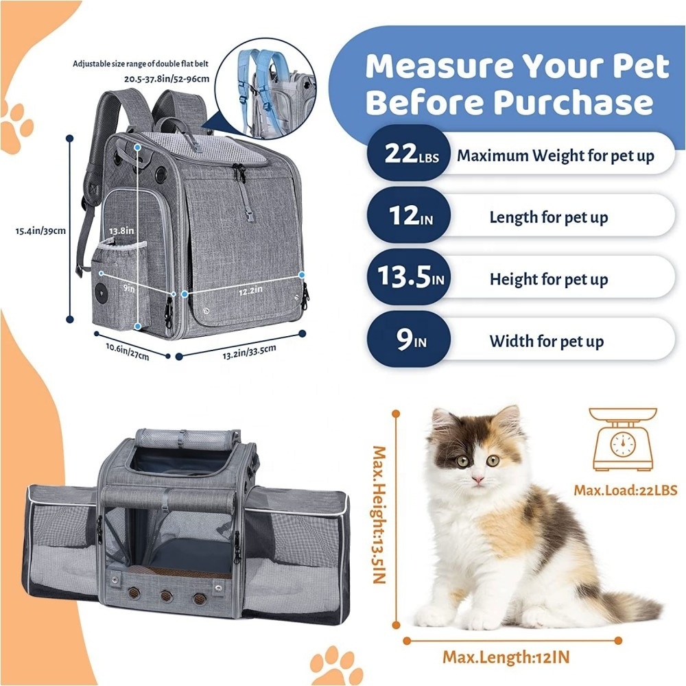 Expandable Pet Carrier Backpack, 3 Sides Breathable Mesh Cat Bag Carrier Backpack, for Cats Puppies Dogs Bunny Under 22 LBS