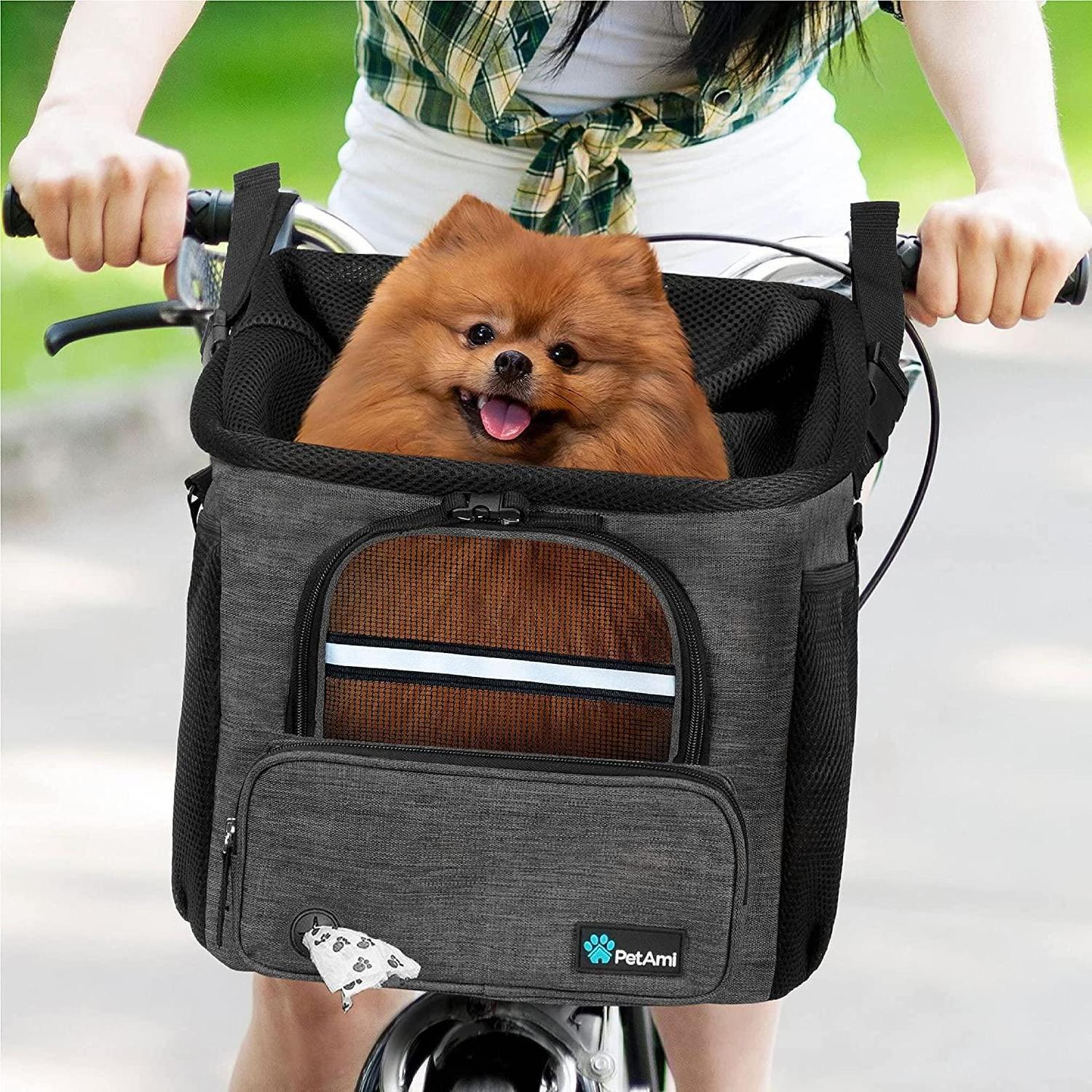 Bike Bicycle Basket for Dog Pet Bike Handlebar Ventilated Dog Bike Carrier Backpack, Car Seat for Cat with Mesh Window