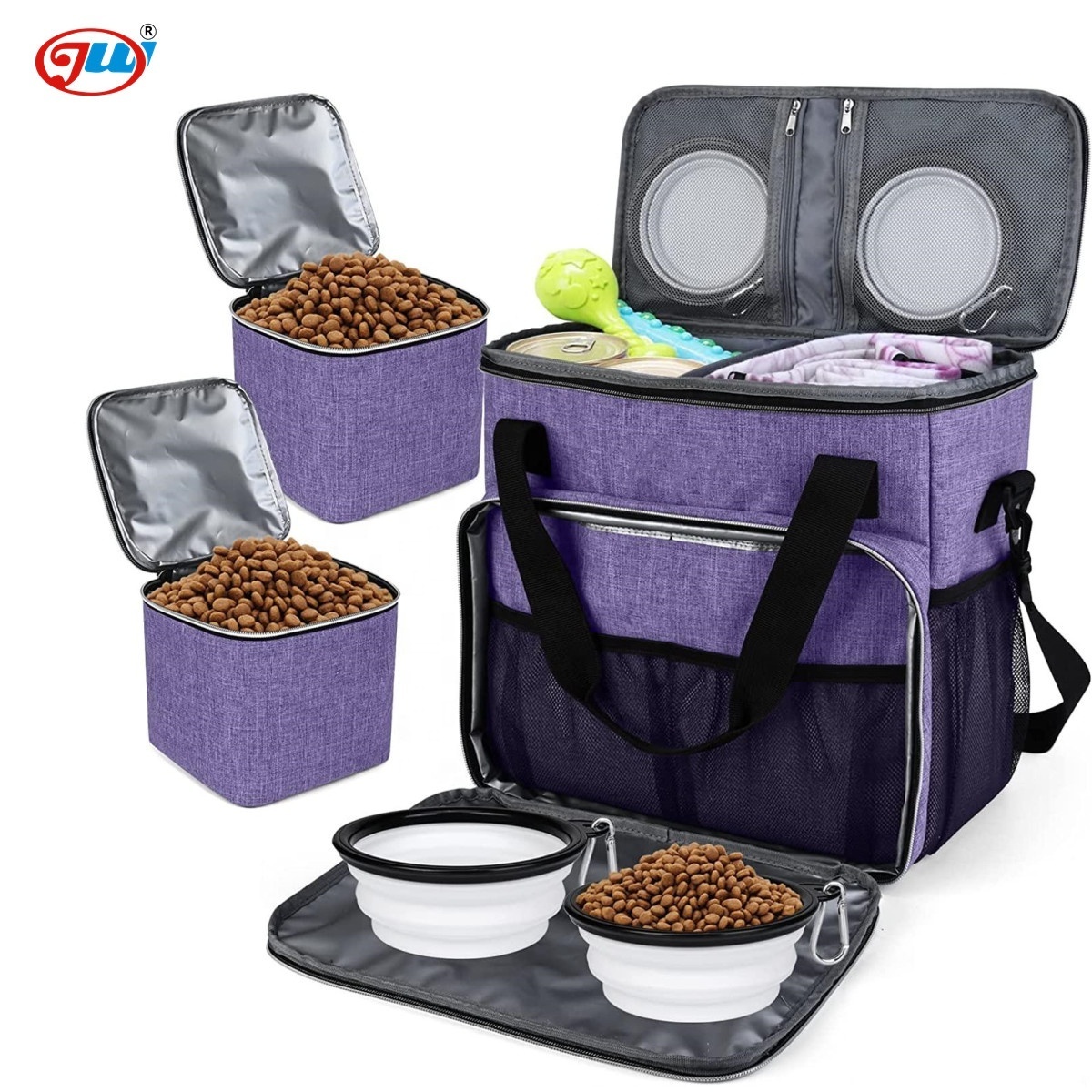 Pet Travel Bag, Dog Travel Bag,with 2 Pet Food Containers and 2 Collapsible Silicone Bowls; Essential Kits for Pet Travel.