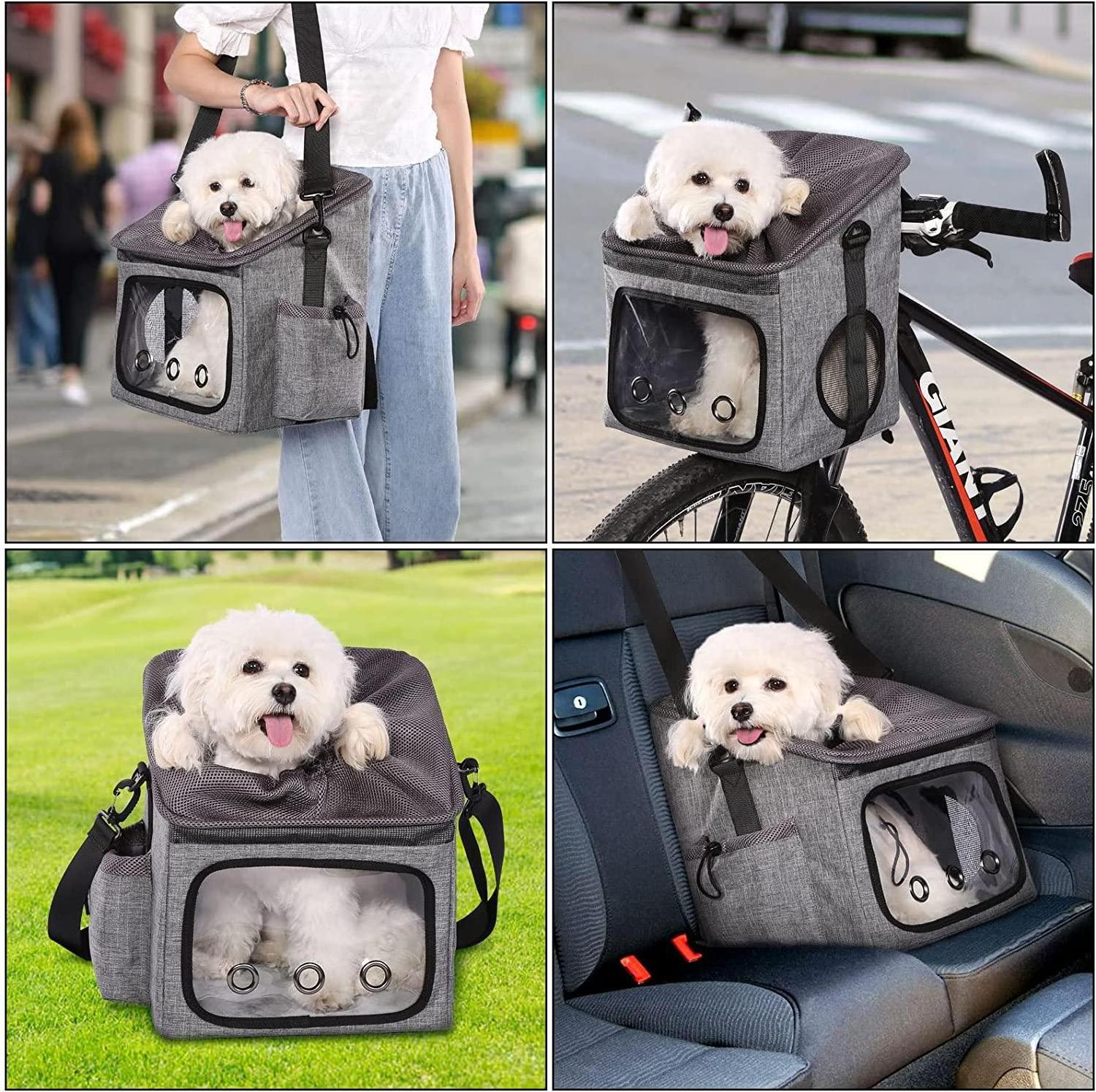 Dog Bike Basket Bag Pet Carrier, Dog Car Seat with Safety Adjustable Shoulder Strap Portable Breathable Bicycle Basket Bag