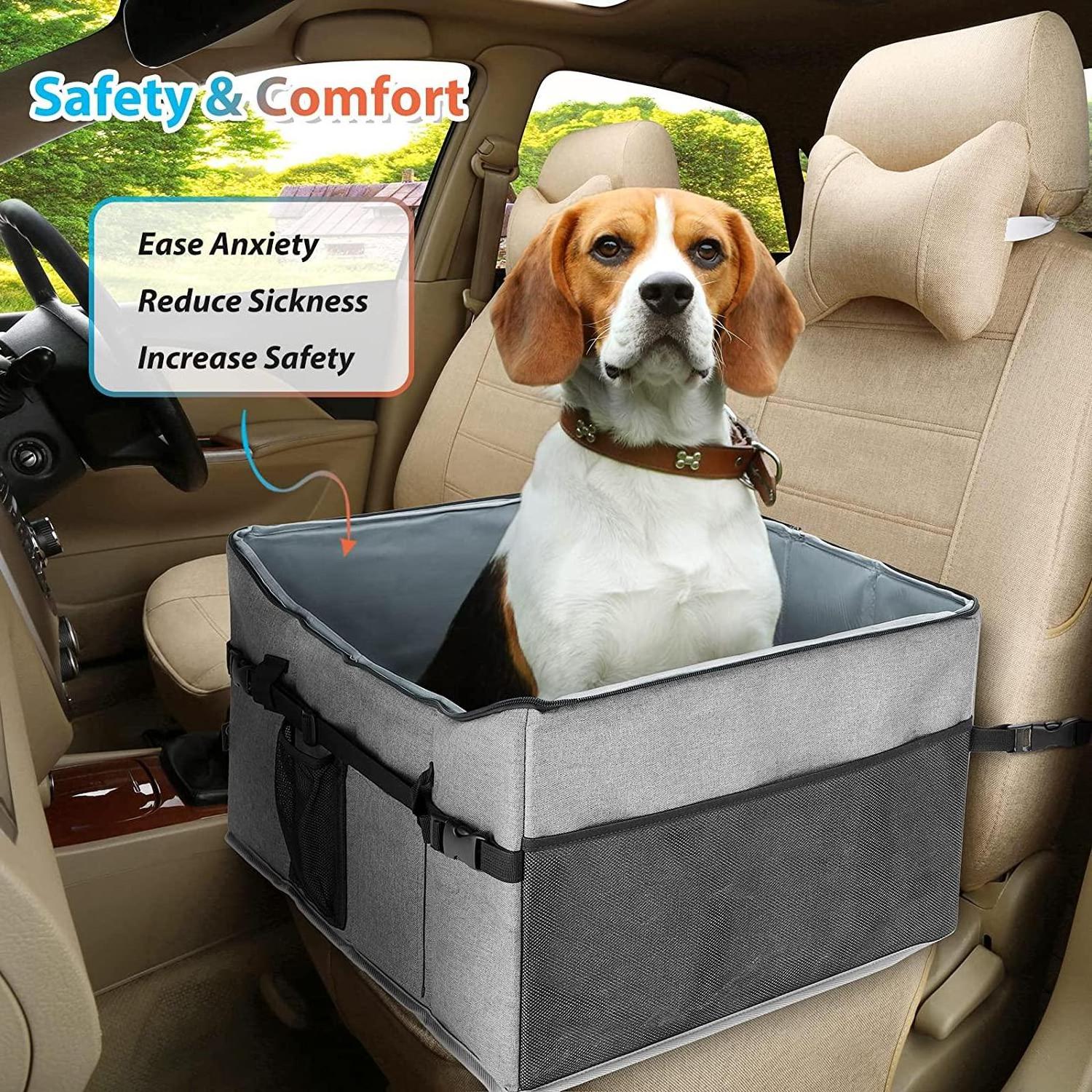 Dog Car Seat, Dogs Car Booster Seat for Pets Travel Cage Elevated Dog Bed with Storage Pockets Leash for Supports Pet Under 48lb