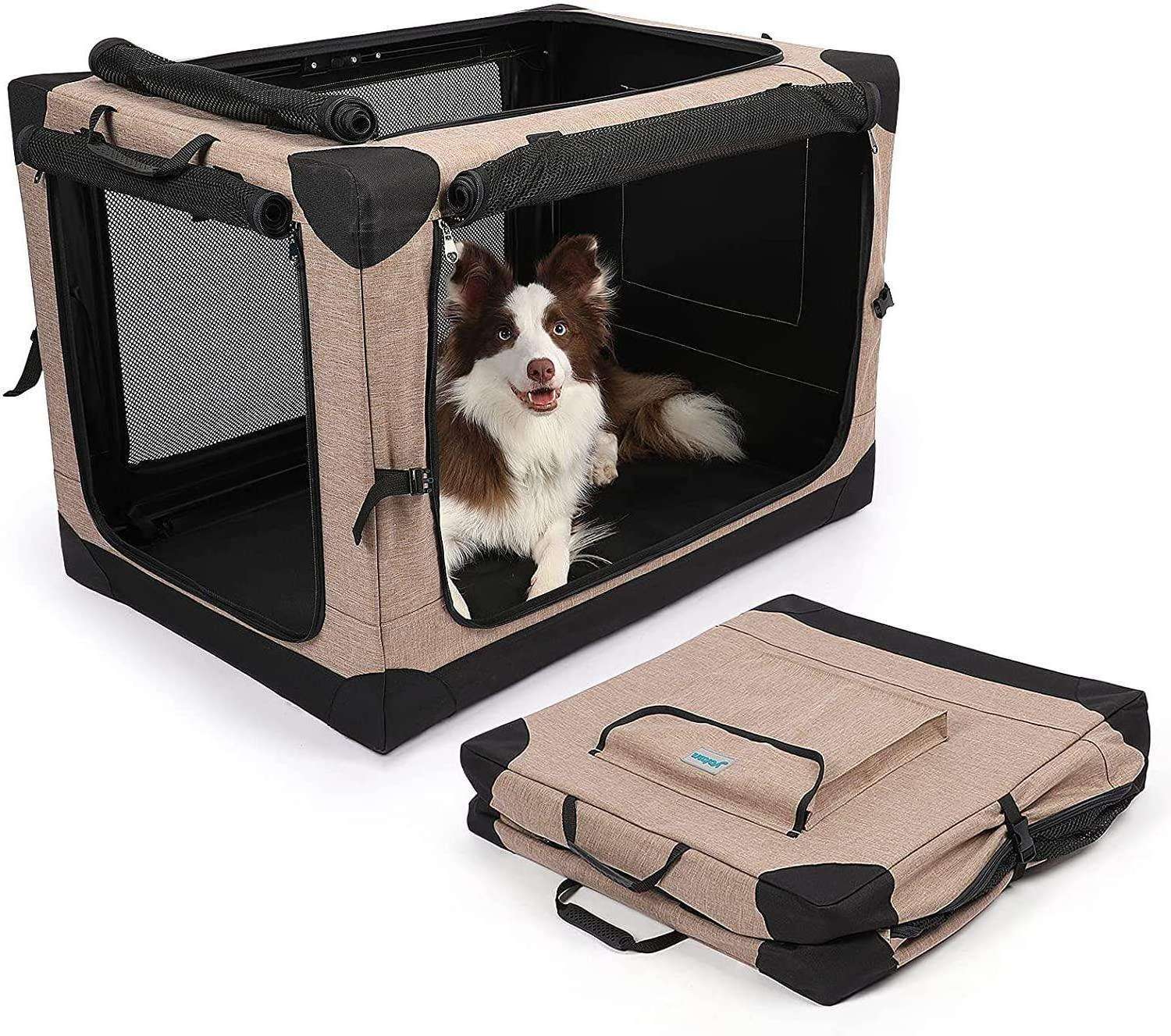 4 Door Portable Folding Pet Carrier Dog Soft Crate Strong Steel Frame Travel Collapsible Cat Dog Crate