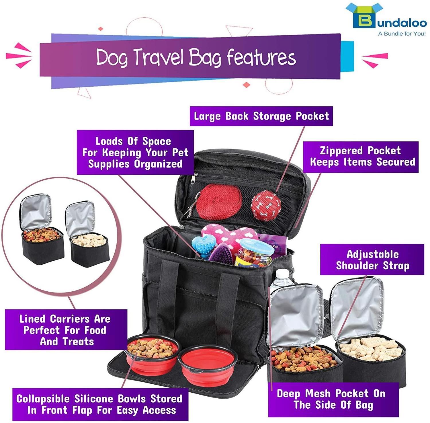 Dog Travel Bag Accessories Supplies Organizer with Shoulder Strap, Lined Pet Food Containers, Everyday Dogs Essentials