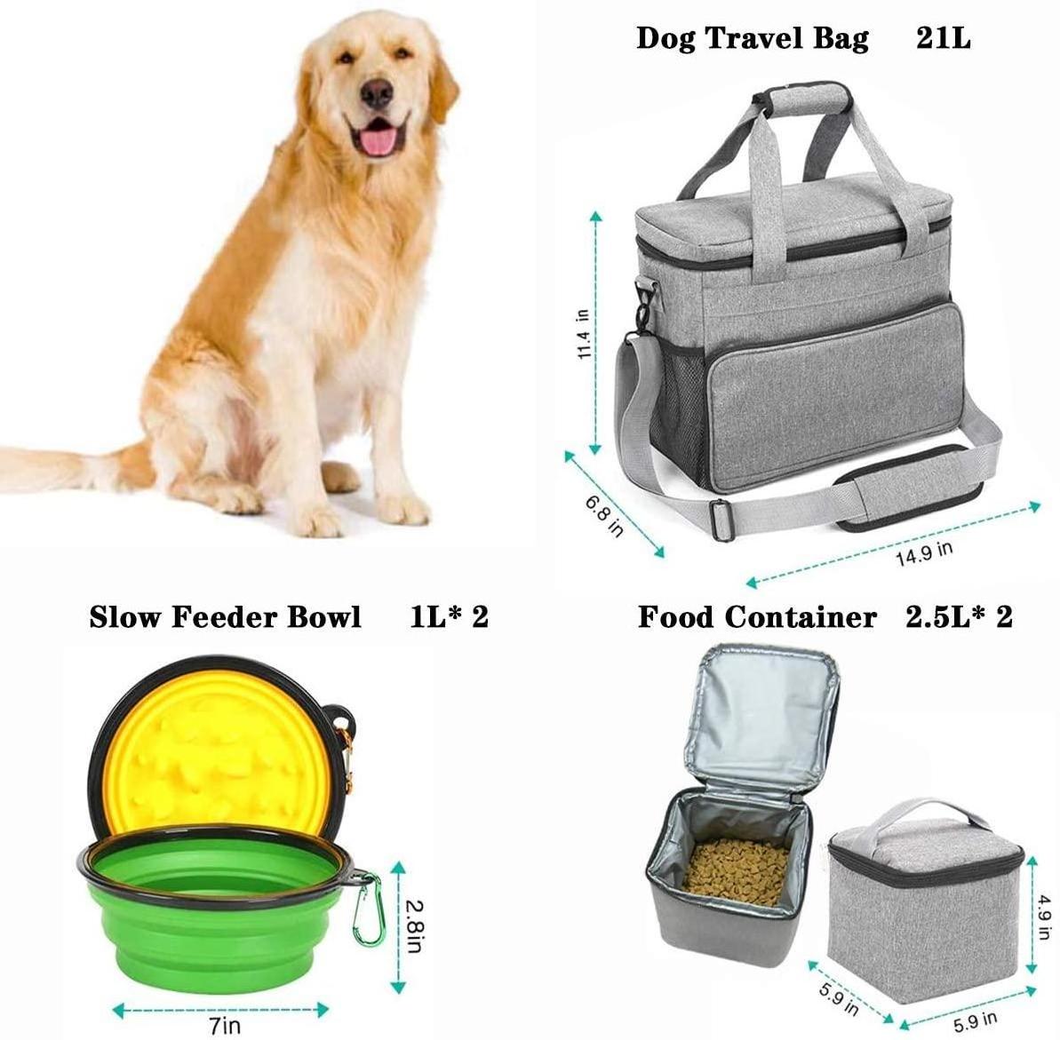 Dog Travel Bag, Dog Luggage with Feeder Bowls, 2 Food Storage Containers Pet Supplies Tote Organizer for Large Dogs