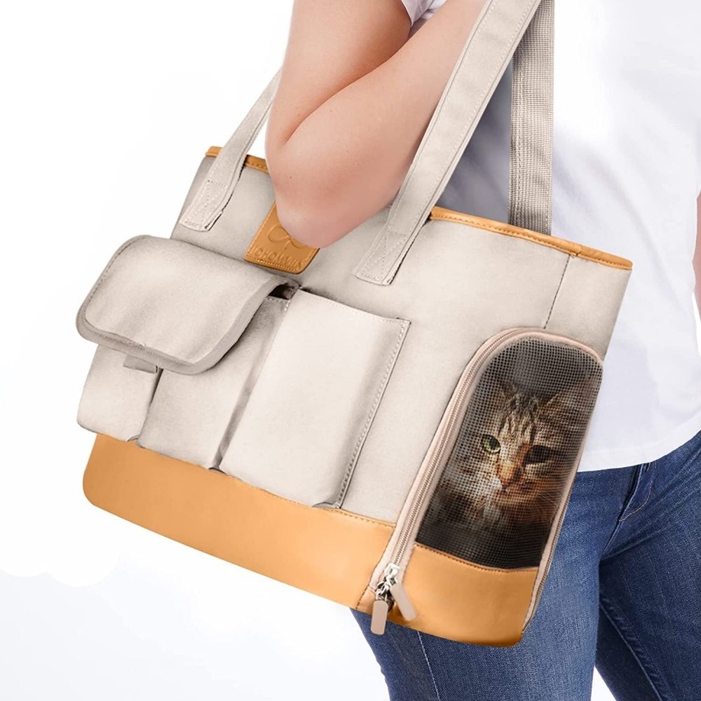 Cat Dog Pet Carrier, Foldable Waterproof Premium PU Leather Oxford Cloth Dog Purse, Portable Bag Carrier for Dog