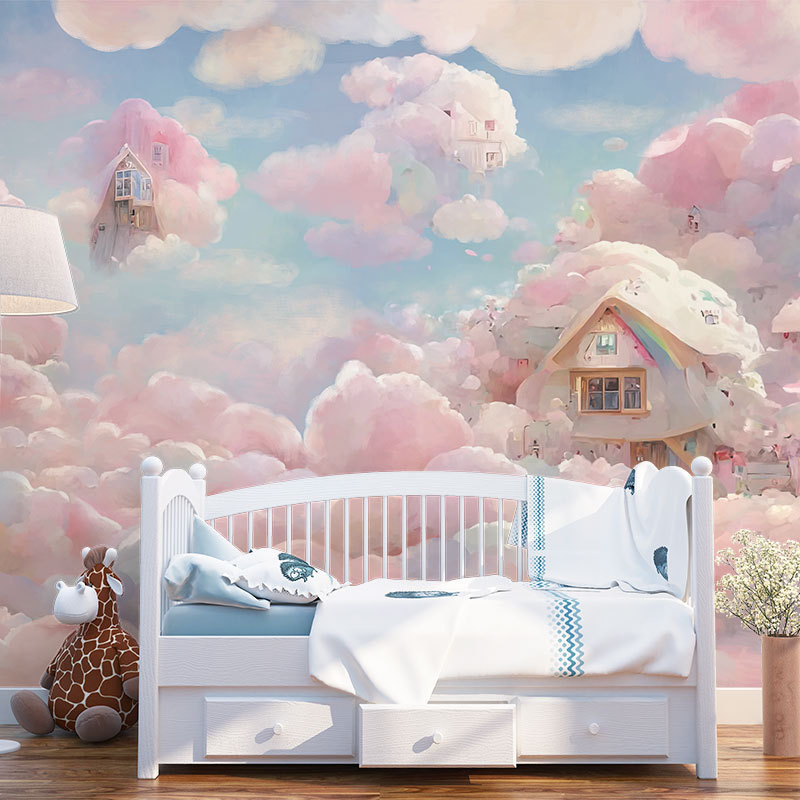 Pink theme fantasy princess wall cloth 3d 8d girls baby bedroom wall fabric bedside wall covering