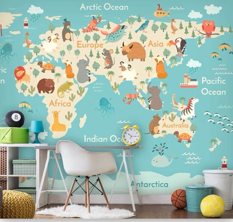 3d Children's Room Wall fabric Boys Girls Bedroom Wall cloth Animals World Map Wallpaper