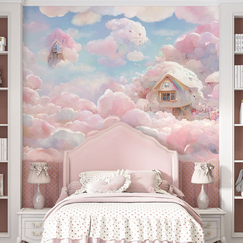 Pink theme fantasy princess wall cloth 3d 8d girls baby bedroom wall fabric bedside wall covering