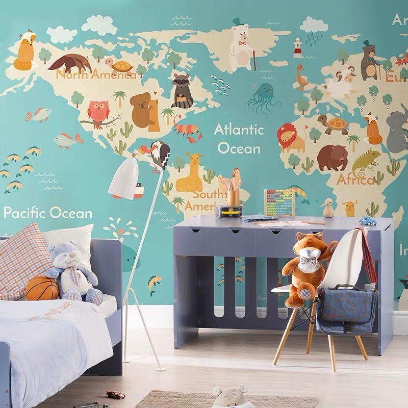 3d Children's Room Wall fabric Boys Girls Bedroom Wall cloth Animals World Map Wallpaper