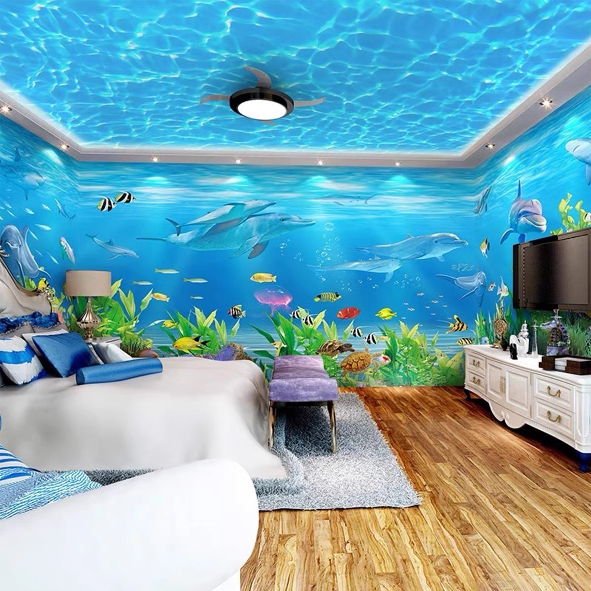 Blue Dream 18d Ocean World wall covering 32d children's room wall fabric 3d indoor background wall cloth