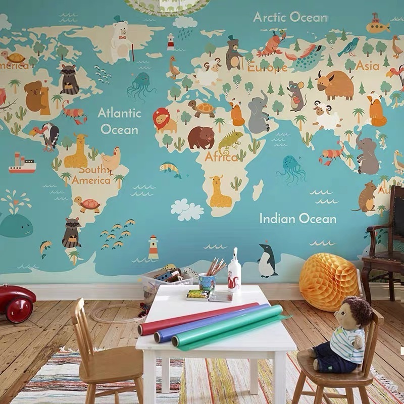 3d Children's Room Wall fabric Boys Girls Bedroom Wall cloth Animals World Map Wallpaper