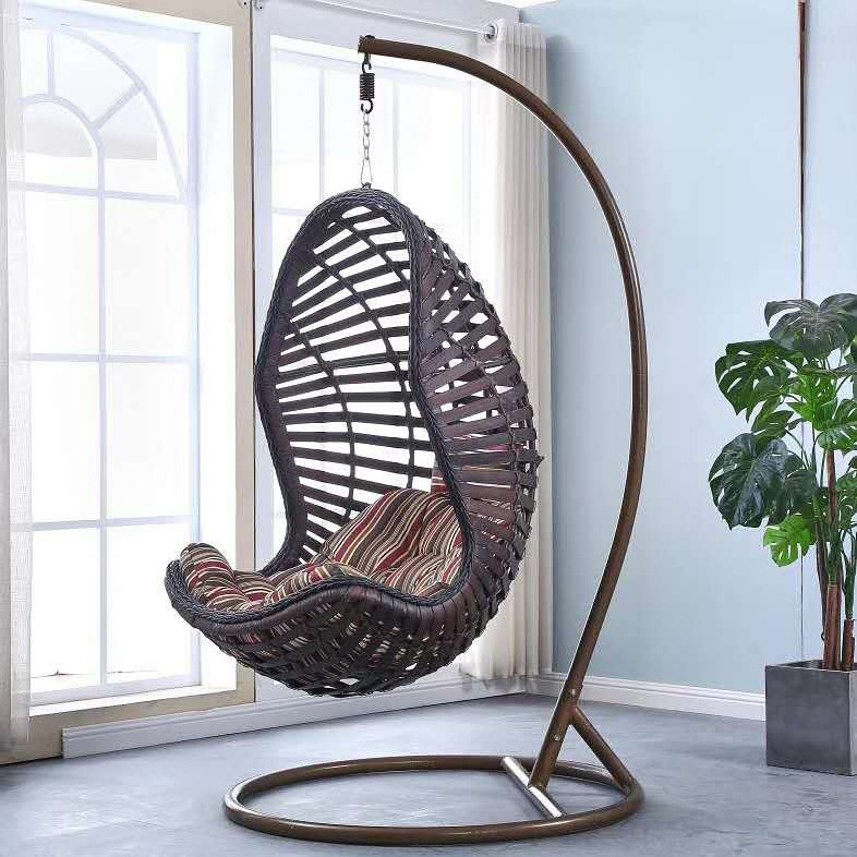 high quality patio PE rattan hanging chair swing PE wicker swing outdoor hanging chair with stand stack thick cushion