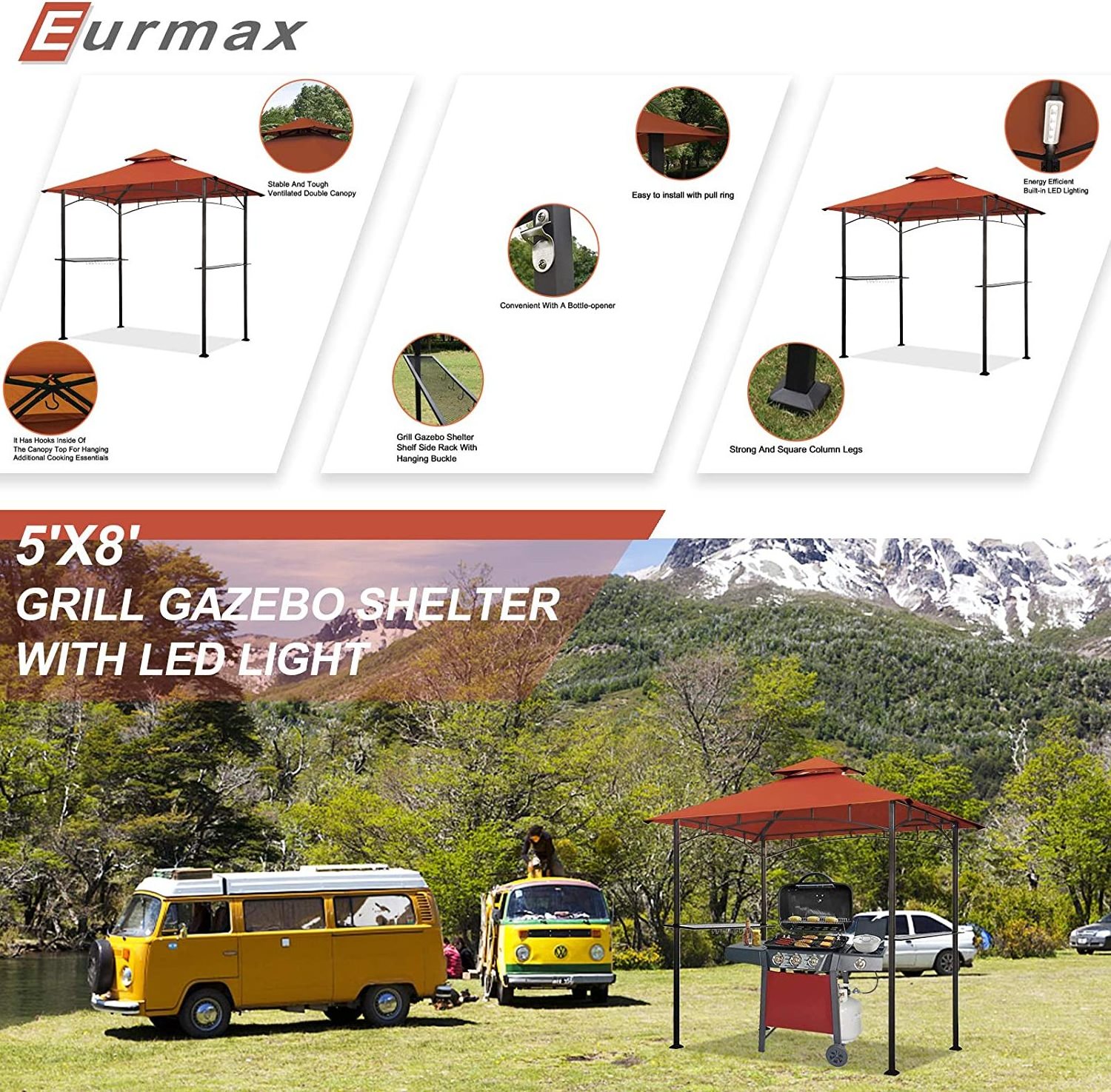 5x8 Grill Gazebo Shelter for Patio and Outdoor Backyard BBQ's, Double Tier Soft Top Canopy and Steel Frame with Bar Counters, Bo