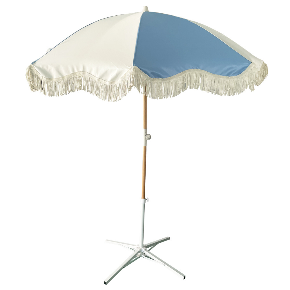 2M UV 50+ 220G Polyester Blue and White Parasol Umbrellas Outdoor Real Wood Beach Umbrella Frame With 11CM Tassels