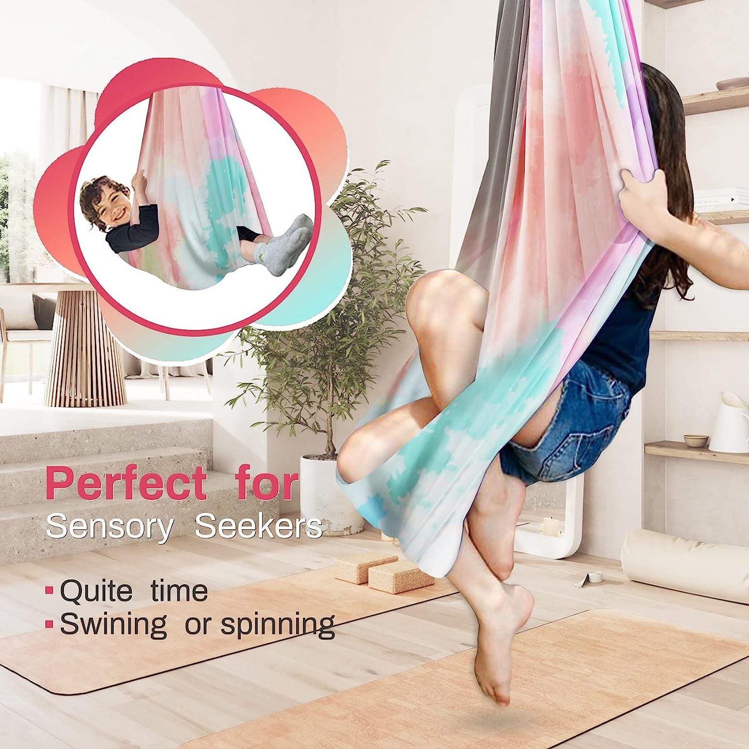 Children's Double Layers Sensory Therapy Swing for Kids Elastic Hanging Hammock Indoor Outdoor Swing Kids Nylon Polyester