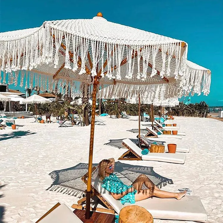 Parasol Umbrellas Tassel Beach Umbrella Large Handmade Folding Cotton Rope Woven Canopy Sun Wooden Pole Macrame With Fringe