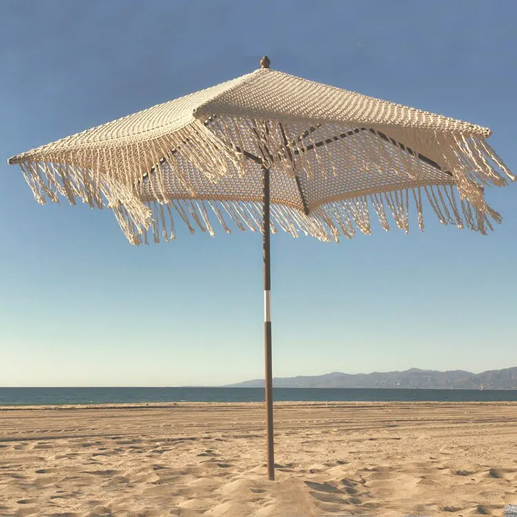 Parasol Umbrellas Tassel Beach Umbrella Large Handmade Folding Cotton Rope Woven Canopy Sun Wooden Pole Macrame With Fringe