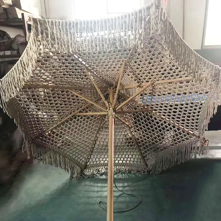 Parasol Umbrellas Tassel Beach Umbrella Large Handmade Folding Cotton Rope Woven Canopy Sun Wooden Pole Macrame With Fringe