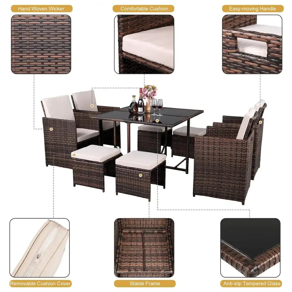 9 Pieces Courtyard Modular Corner Rattan Furniture Outdoor Dining Table Set Sofa Garden Set Rattan Outdoor Furniture