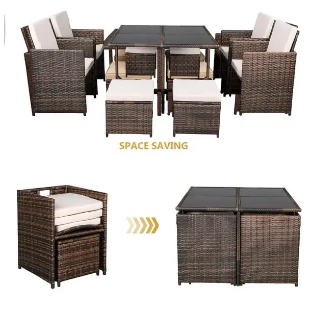 9 Pieces Courtyard Modular Corner Rattan Furniture Outdoor Dining Table Set Sofa Garden Set Rattan Outdoor Furniture