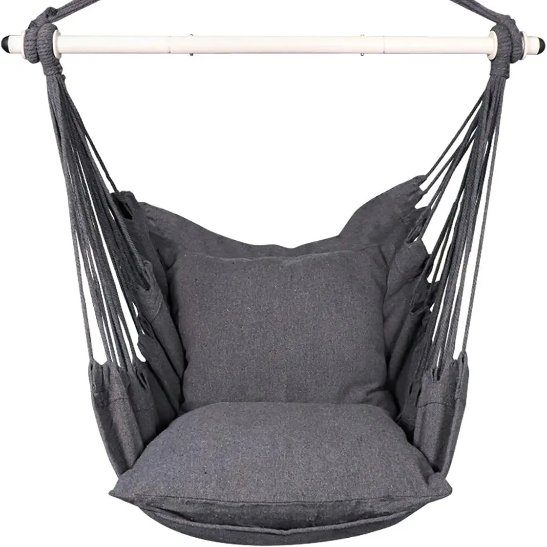 Hammock Chair Hanging Rope Swing - Max 500 Lbs - 2 Cushions Included - Steel Spreader Bar with Anti-Slip Rings  (Grey)