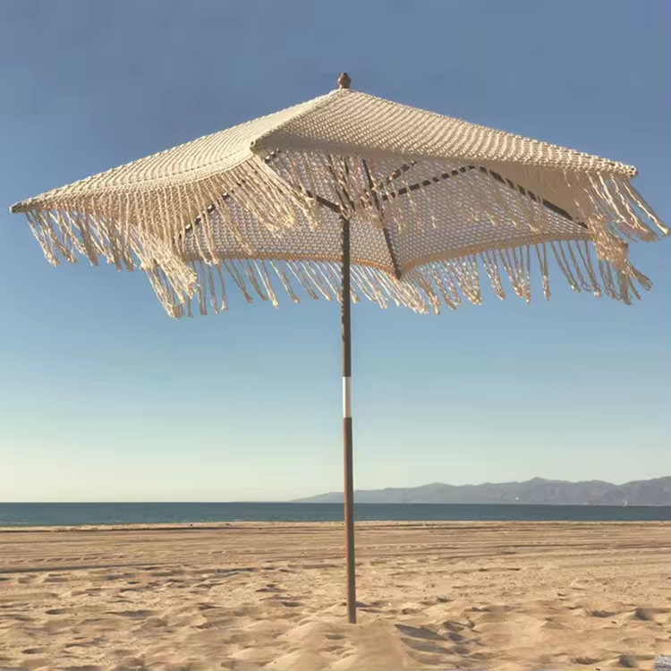 Uplion Cotton Rope Parasols 2.5M Wooden Pole Handmade Tassel Beach Umbrella Woven Canopy With Fringe