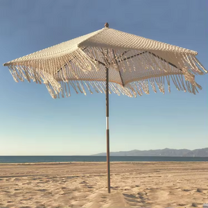 Uplion Cotton Rope Parasols 2.5M Wooden Pole Handmade Tassel Beach Umbrella Woven Canopy With Fringe